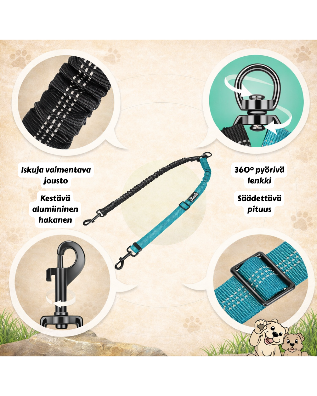 MovaPaw DuoWalk – Elastic Double Leash for Two Dogs